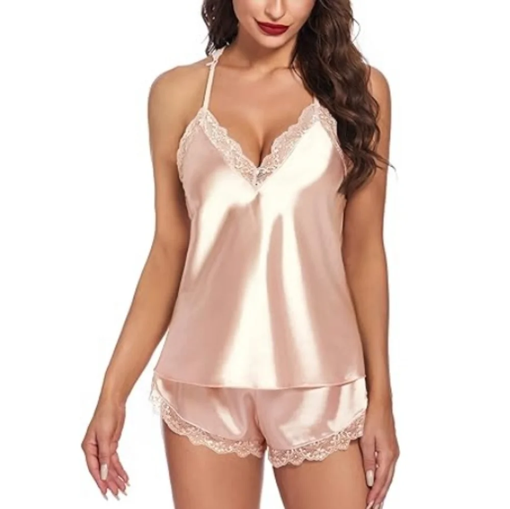 Nightwear Satin Pajamas Set Sleepwear Womens Sexy Lingerie Champagne - Picture 3 of 9